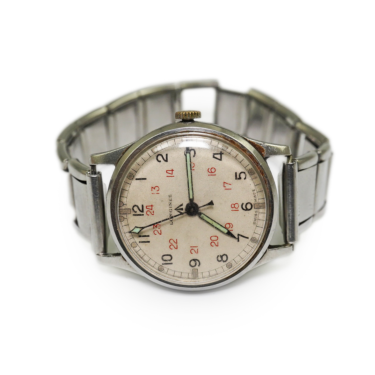 A gentleman's 1940's stainless steel Longines military issue manual wind wrist watch